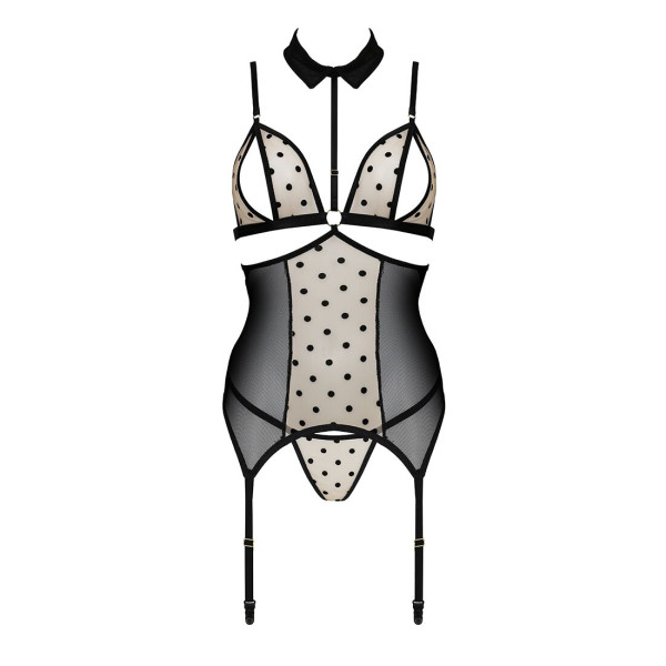 Корсет с открытой грудью Passion DOMINICA CORSET XXL/XXXL beige, пажи для чулок, стринги