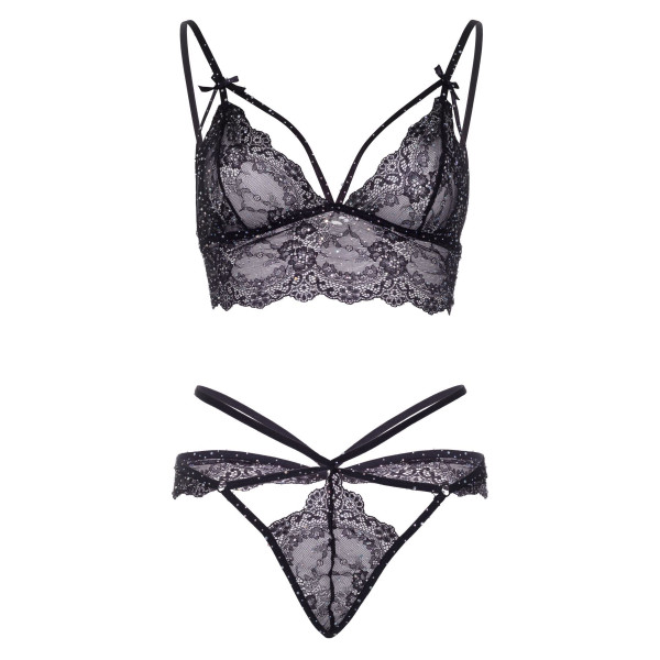 Эротический комплект со стрепами и стразами Leg Avenue Ready Or Not M Black, бра + стринги
