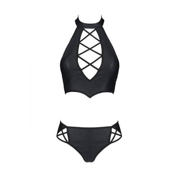 Комплект из эко-кожи: бра и трусики с имитацией шнуровки Nancy Bikini black - Passion, размер L/XL