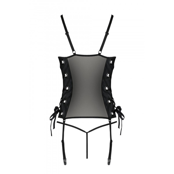 Сетчатый корсет из эко-кожи Passion Malwia Corset black: с люверсами и съемными пажами, размер L/XL