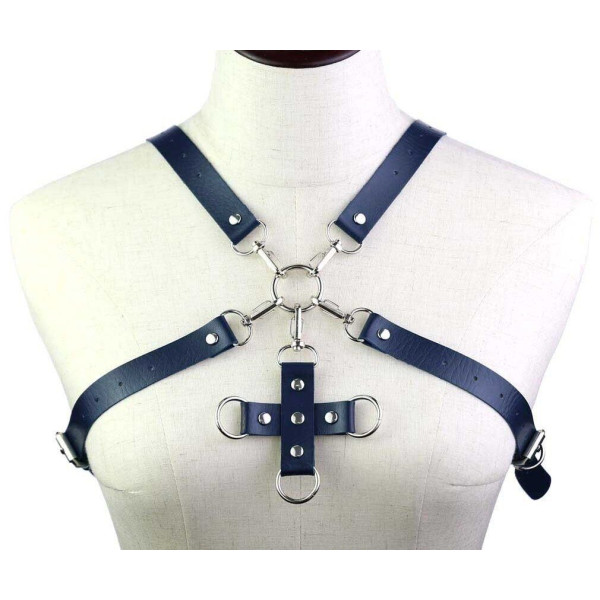 Портупея из искусственной кожи с фиксатором Womens PU Leather Chest Harness Caged Bra BLUE