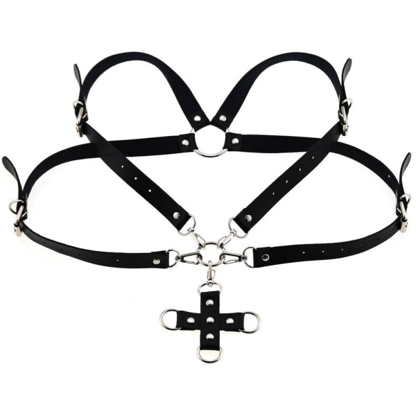 Портупея из искусственной кожи с фиксатором Womens PU Leather Chest Harness Caged Bra BLUE