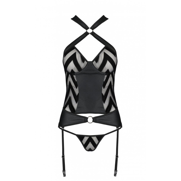 Сетчатый комплект с узором: корсет с халтером, подвязки, трусики Hima Corset black XXL/XXXL-Passion