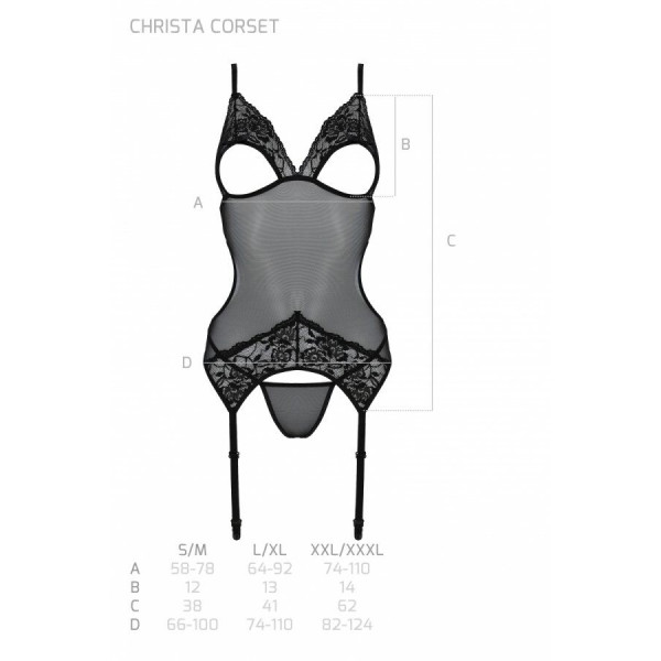 Корсет Passion Christa Corset black: с подвязками и ажурным лифом, стринги в комплекте, размер XXL/XXXL