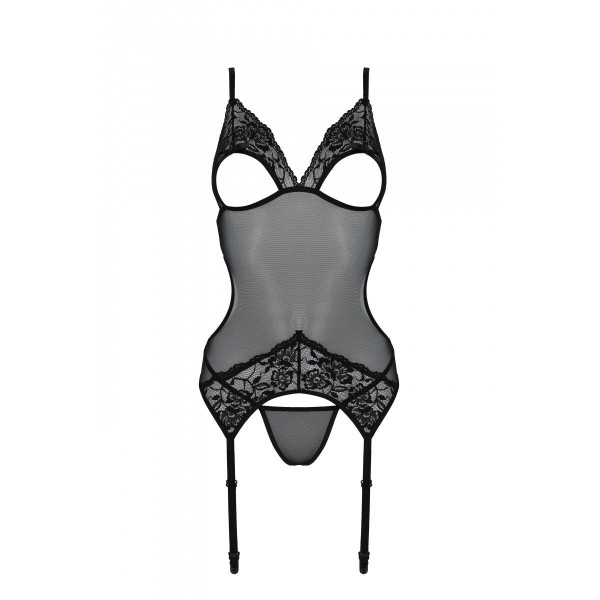 Корсет Passion Christa Corset black: с подвязками и ажурным лифом, стринги в комплекте, размер XXL/XXXL