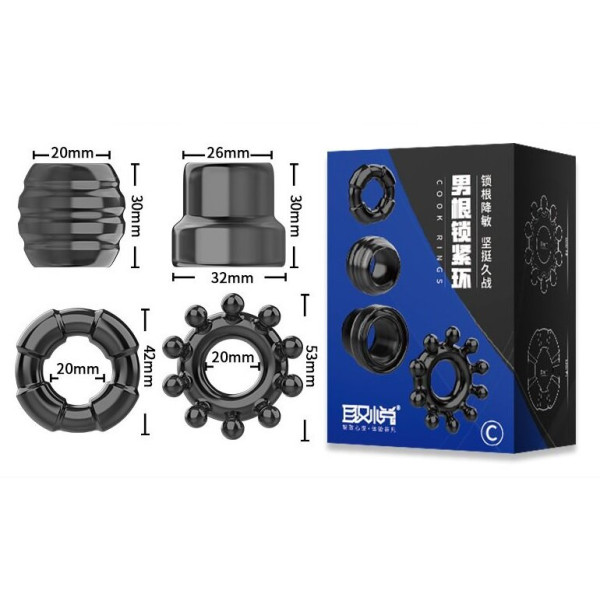 Набор из 4 эрекционных колец STAY HARD Cock Ring Set Black