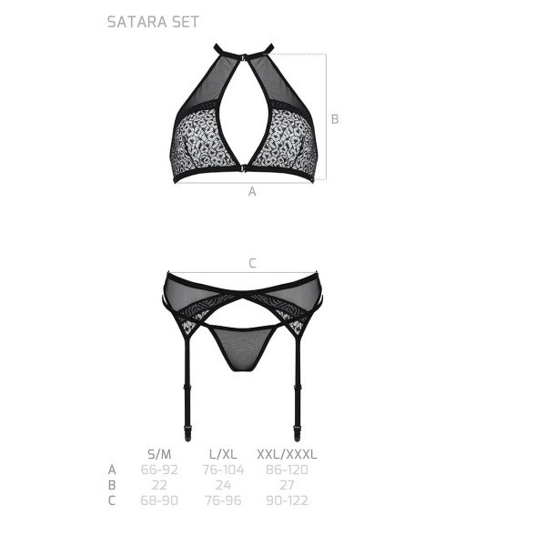 Комплект белья Passion SATARA SET XXL/XXXL black, топ, пояс для чулок, стринги