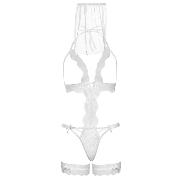 Костюм невесты Leg Avenue G-string teddy, veil & garter One size White, с открытой грудью