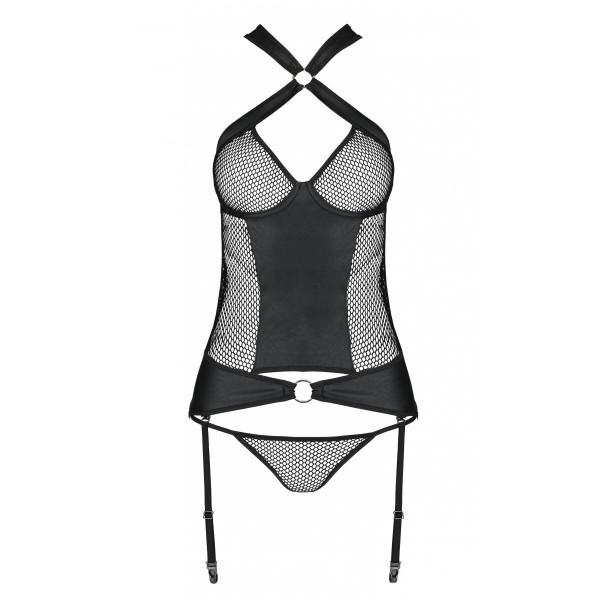 Сетчатый комплект корсет с халтером, съемные подвязки и трусики Amanda Corset black - Passion, размер XXL/XXXL