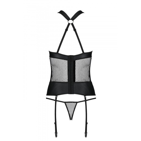 Сетчатый комплект корсет с халтером, съемные подвязки и трусики Amanda Corset black - Passion, размер XXL/XXXL