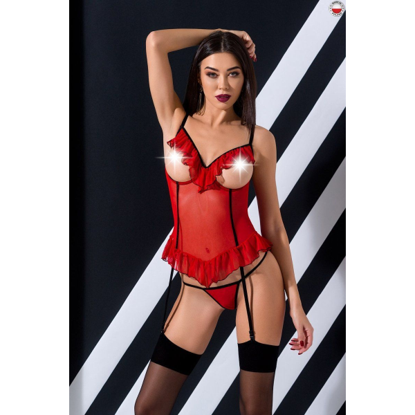 Корсет с открытой грудью CHERRY CORSET red S/M, трусики, пажи, стрэпы, оборочки