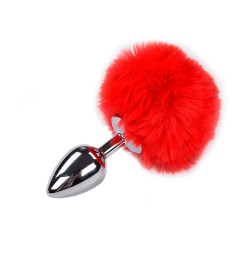 Металлическая анальная пробка Кроличий хвостик Alive Fluffy Plug M Red, диаметр 3,4 см