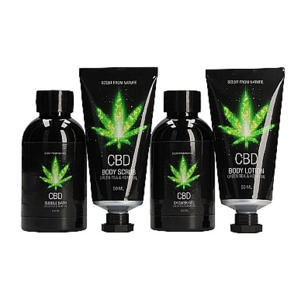 Набор для ванны и душа CBD Luxe Travel set - GREEN TEA & HEMP OIL, 4 предмета