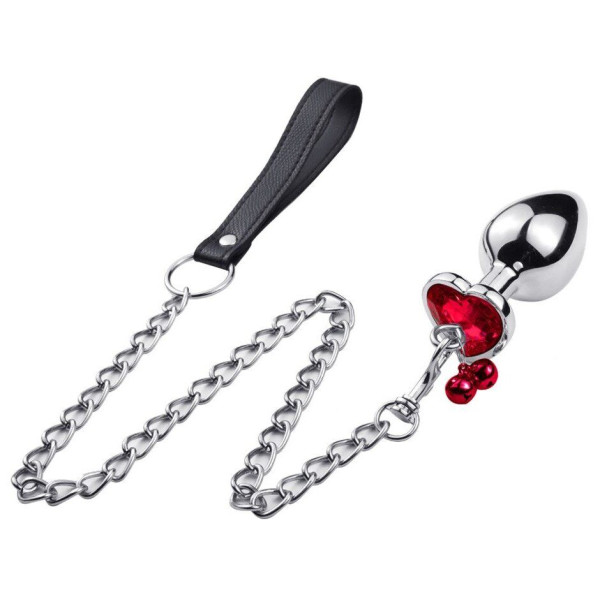 Анальная пробка с кристаллом, колокольчиком и поводком Silver Heart RED, Размер L,