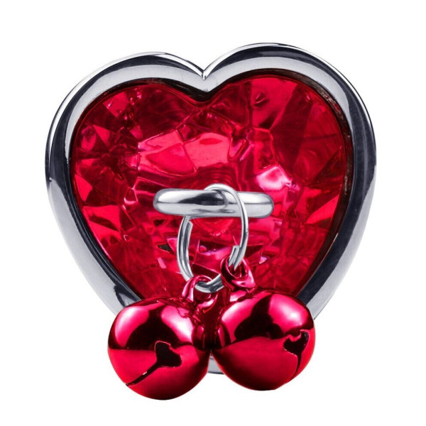 Анальная пробка с кристаллом, колокольчиком и поводком Silver Heart RED, Размер L,