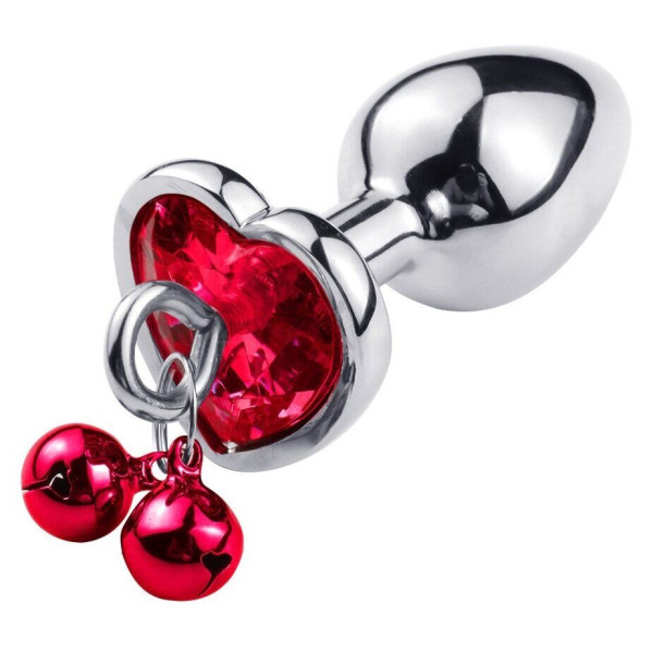 Анальная пробка с кристаллом, колокольчиком и поводком Silver Heart RED, Размер L,