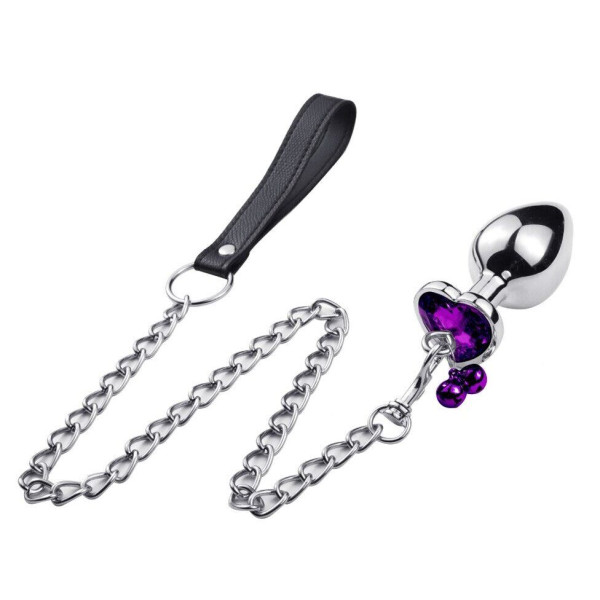 Анальная пробка с кристаллом, колокольчиком и поводком Silver Heart Purple, Размер M