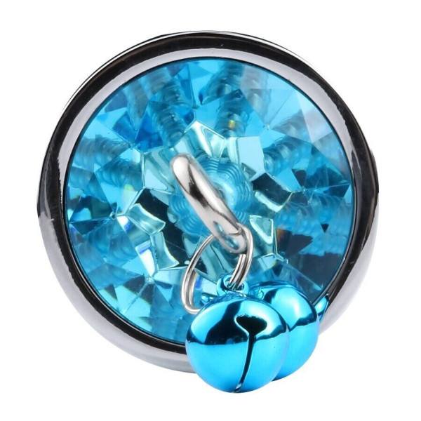 Анальная пробка с кристаллом, колокольчиком и поводком Silver Blue, Размер M