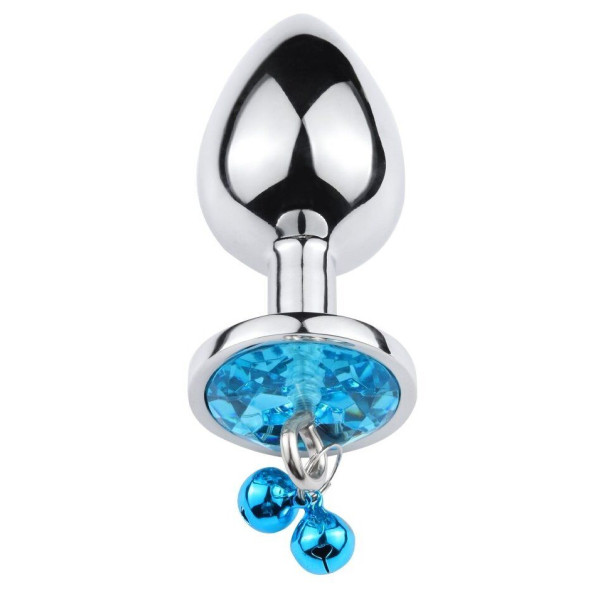Анальная пробка с кристаллом, колокольчиком и поводком Silver Blue, Размер M