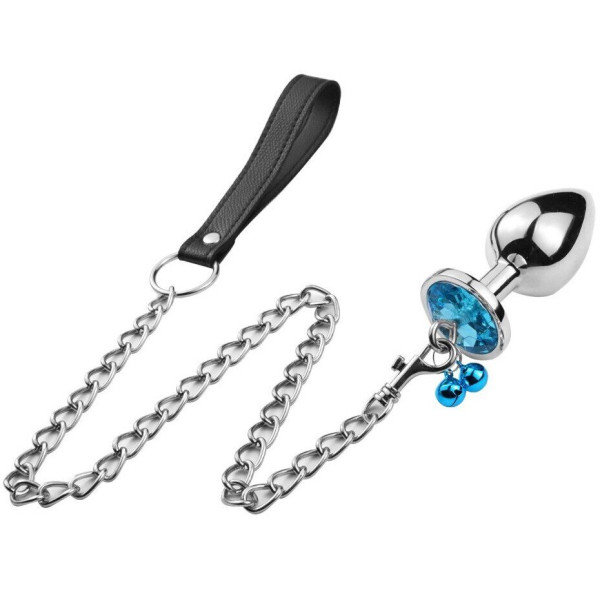 Анальная пробка с кристаллом, колокольчиком и поводком Silver Blue, Размер M