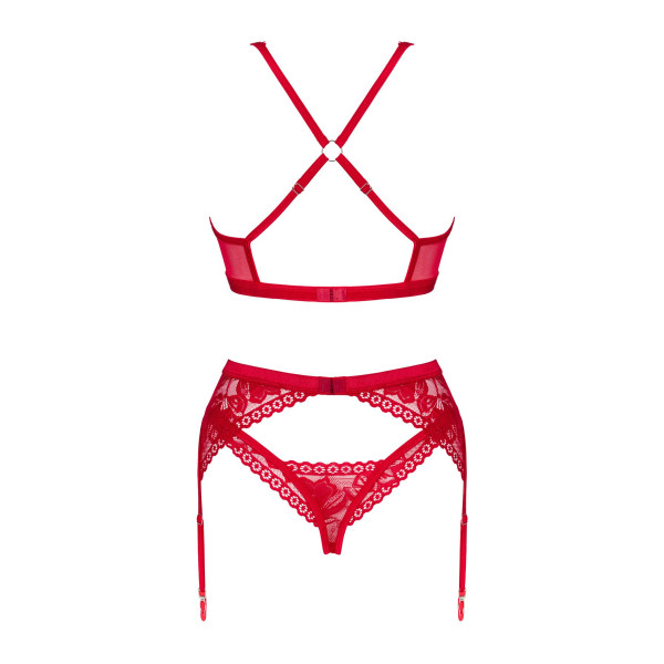 Комплект белья Obsessive Lacelove cupless 3-pcs set XS/S Red, бюстгальтер, стринги, пояс для чулок