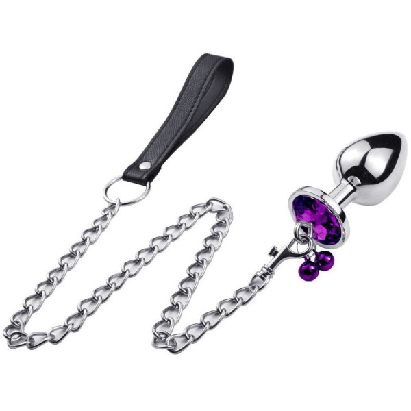 Анальная пробка с кристаллом, колокольчиком и поводком Silver Purple, Размер S