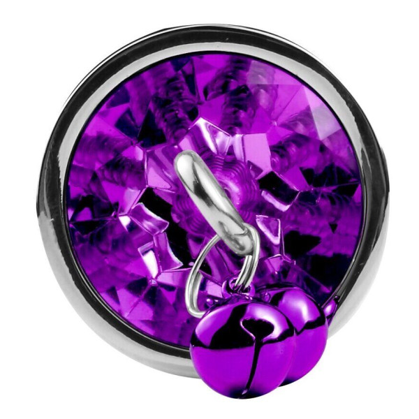 Анальная пробка с кристаллом, колокольчиком и поводком Silver Purple, Размер S