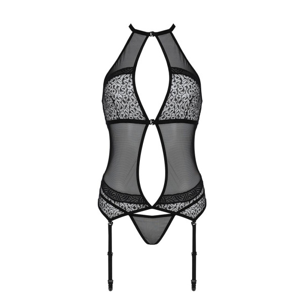 Корсет с пажами Passion SATARA CORSET S/M black, стринги, кружево, застежки спереди и сзади