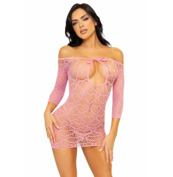 Платье-сетка с сердечками Leg Avenue Heart net mini dress Pink, завязки, открытые плечи, one size