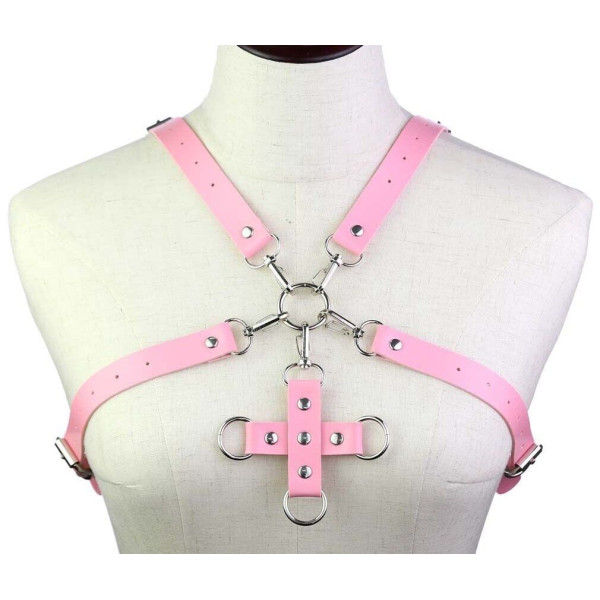 Портупея из искусственной кожи с фиксатором Womens PU Leather Chest Harness Caged Bra PINK