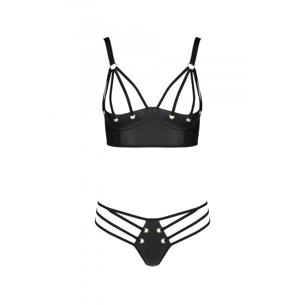 Комплект из эко-кожи Passion Malwia Bikini black: с люверсами и ремешками, бра и трусики, размер XXL/XXXL