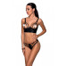 Комплект из эко-кожи Passion Malwia Bikini black: с люверсами и ремешками, бра и трусики, размер XXL/XXXL