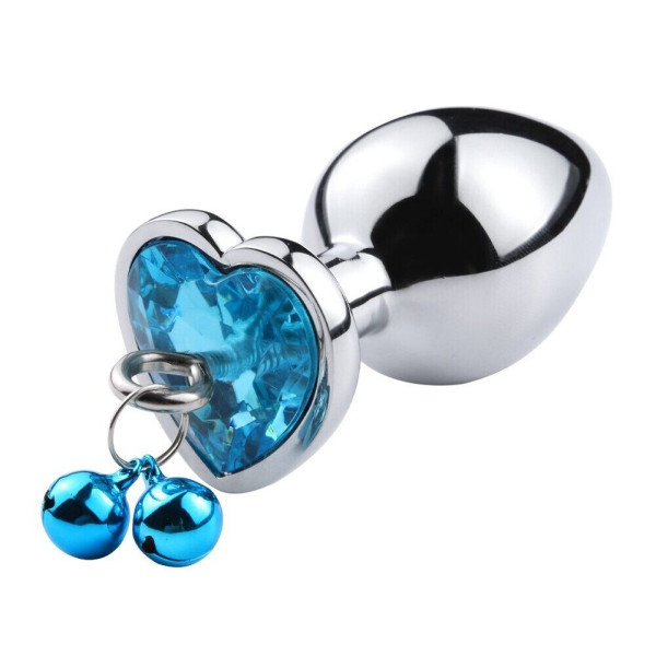 Анальная пробка с кристаллом, колокольчиком и поводком Silver Heart Blue, Размер S