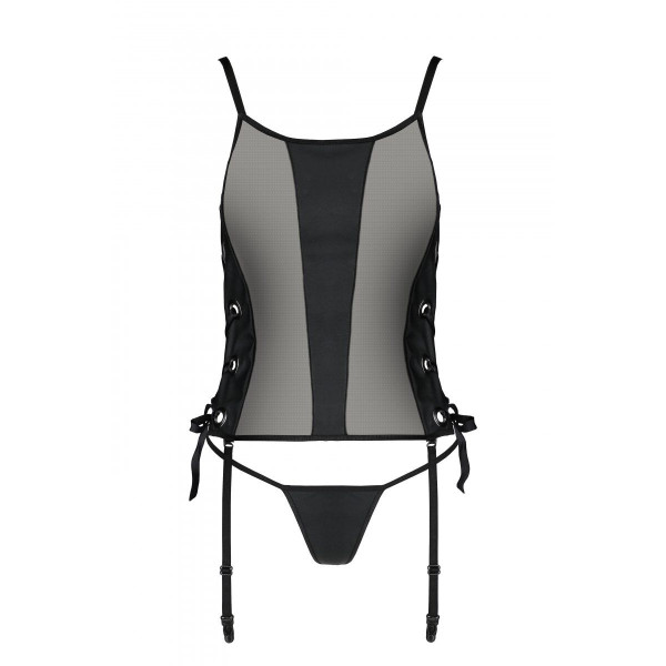 Сетчатый корсет из эко-кожи Passion Malwia Corset black: с люверсами и съемными пажами, размер XXL/XXXL