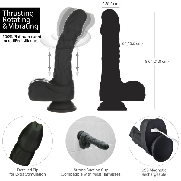 Фаллоимитатор Naked Addiction – Silicone Rotating & Thrusting Vibrating Dildo with Remote Black, 21.8 см