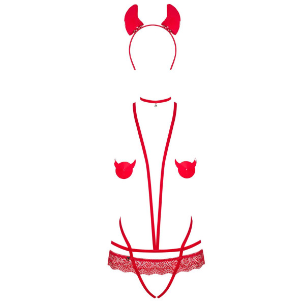 Эротический костюм чертика из стреп Obsessive Evilia teddy red L/XL, боди, чокер, накладки на соски,
