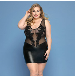 Элегантное платье JSY «Леди София» Plus Size, black, мелкая сетка, вышивка, экокожа