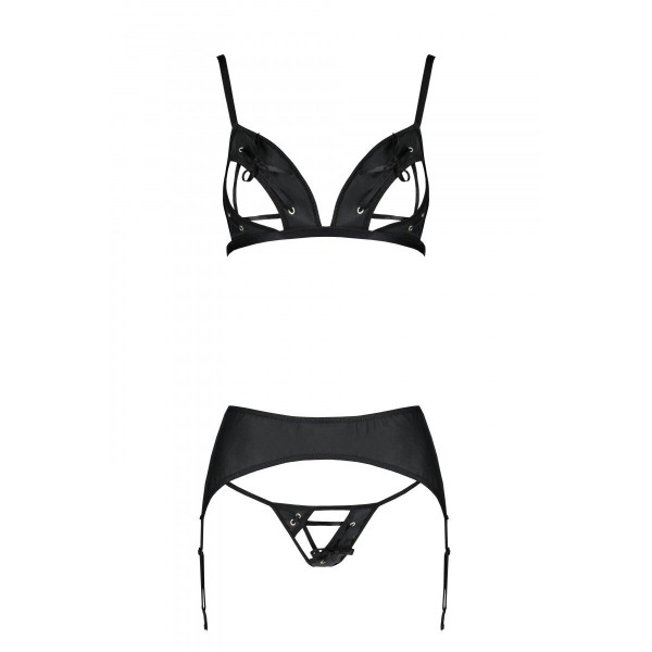 Комплект из эко-кожи Passion Miley Set black: трусики, бюстгальтер, пояс для чулок, размер XXL/XXXL