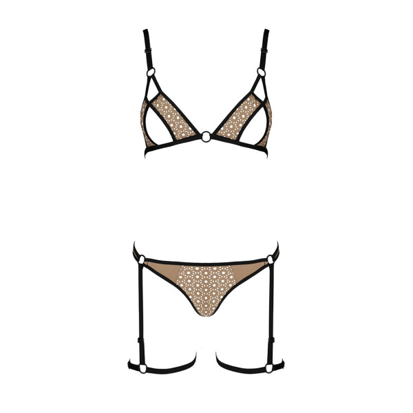 Эротический комплект нижнего белья Passion GABI SET XXL/XXXL beige, трусики с гартерами