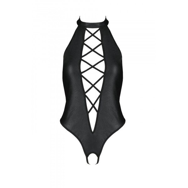 Боди из эко-кожи с имитацией шнуровки и открытым доступом Nancy Body black - Passion, размер XXL/XXXL