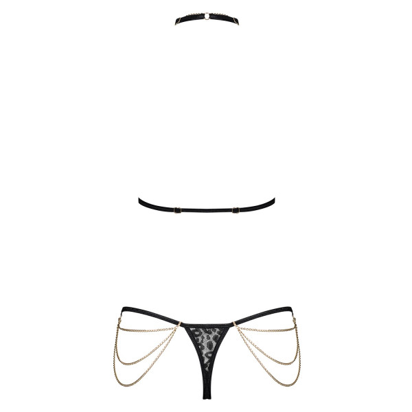 Комплект с цепочками Obsessive Pantheria 2-pcs set black S/M, бюстгальтер, трусики