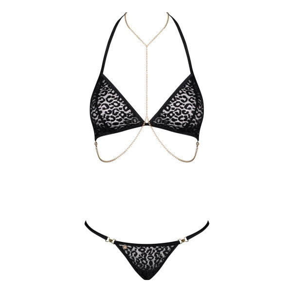 Комплект с цепочками Obsessive Pantheria 2-pcs set black S/M, бюстгальтер, трусики