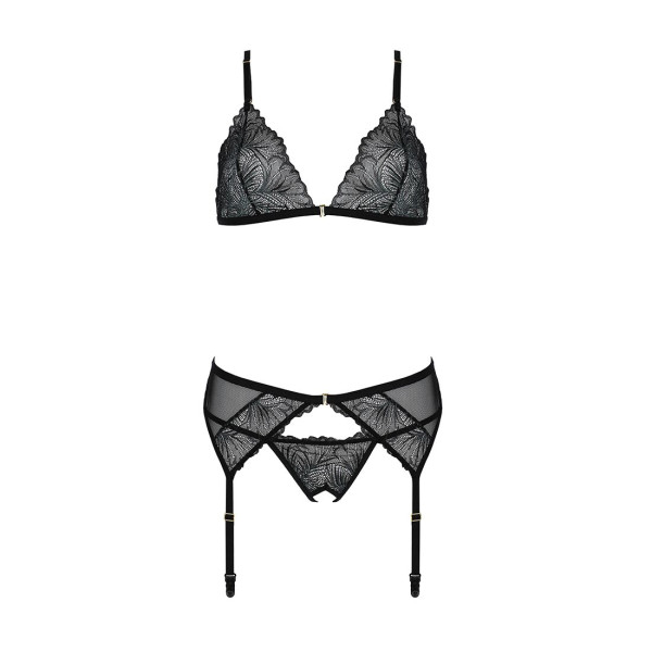 Комплект с открытым доступом Passion DELIENA SET L/XL black, лиф, стринги, пояс для чулок