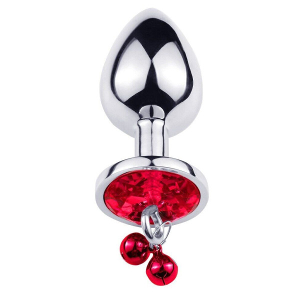 Анальная пробка с кристаллом, колокольчиком и поводком Silver RED, Размер L,