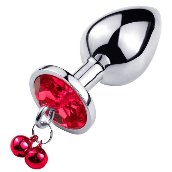 Анальная пробка с кристаллом, колокольчиком и поводком Silver RED, Размер L,