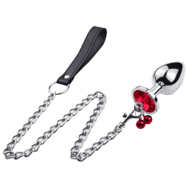 Анальная пробка с кристаллом, колокольчиком и поводком Silver RED, Размер L,
