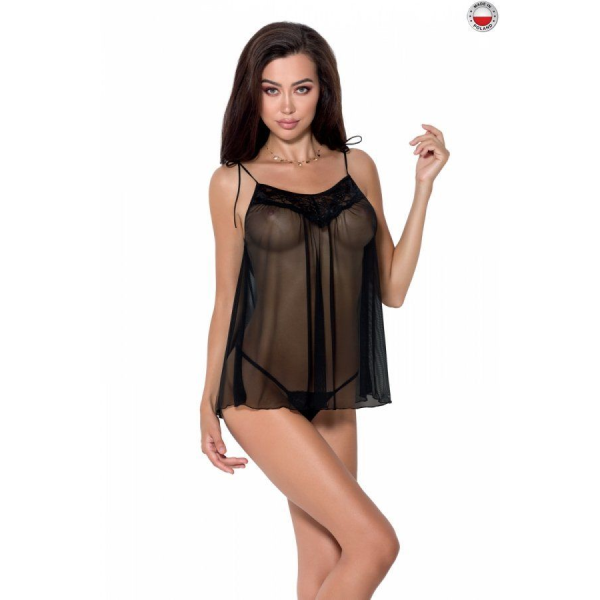 Сорочка прозрачная беби долл MELANIA CHEMISE black XXL/XXXL - трусики, на тонких бретелях