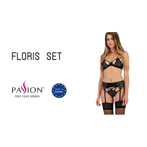 Комплект белья FLORIS SET black XXL/XXXL: лиф, трусики, пояс для чулок