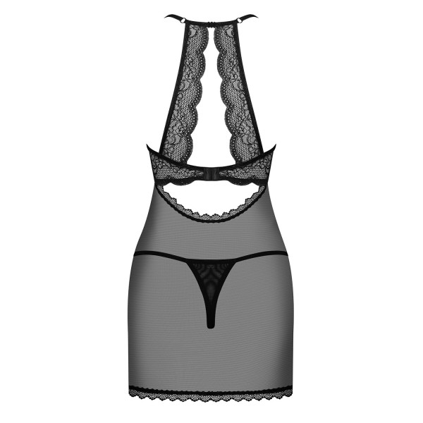 Прозрачная сорочка с открытой грудью Obsessive Pearlove chemise & thong black S/M, трусики
