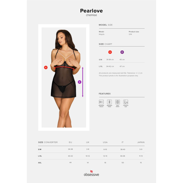 Прозрачная сорочка с открытой грудью Obsessive Pearlove chemise & thong black S/M, трусики